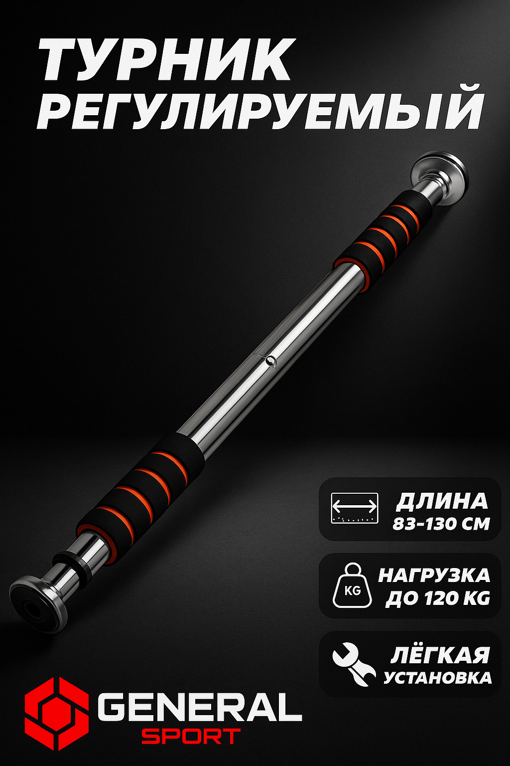 Турник General Fitness, межстенный, съемный, нагрузка до 120кг