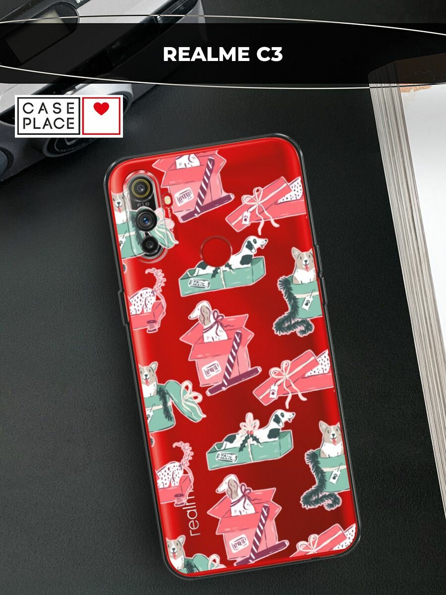 Чехол на Realme C3 / Реалми C3 с принтом "Песики в подарках 2", прозрачный