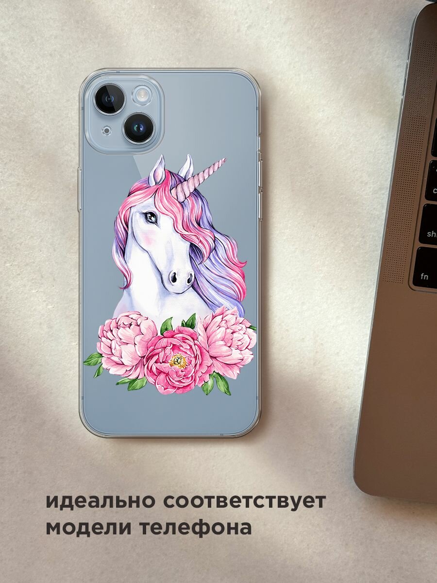 Чехол на Apple iPhone 14 Plus / Айфон 14 Плюс с принтом "Единорог с пионами", прозрачный — фото 1