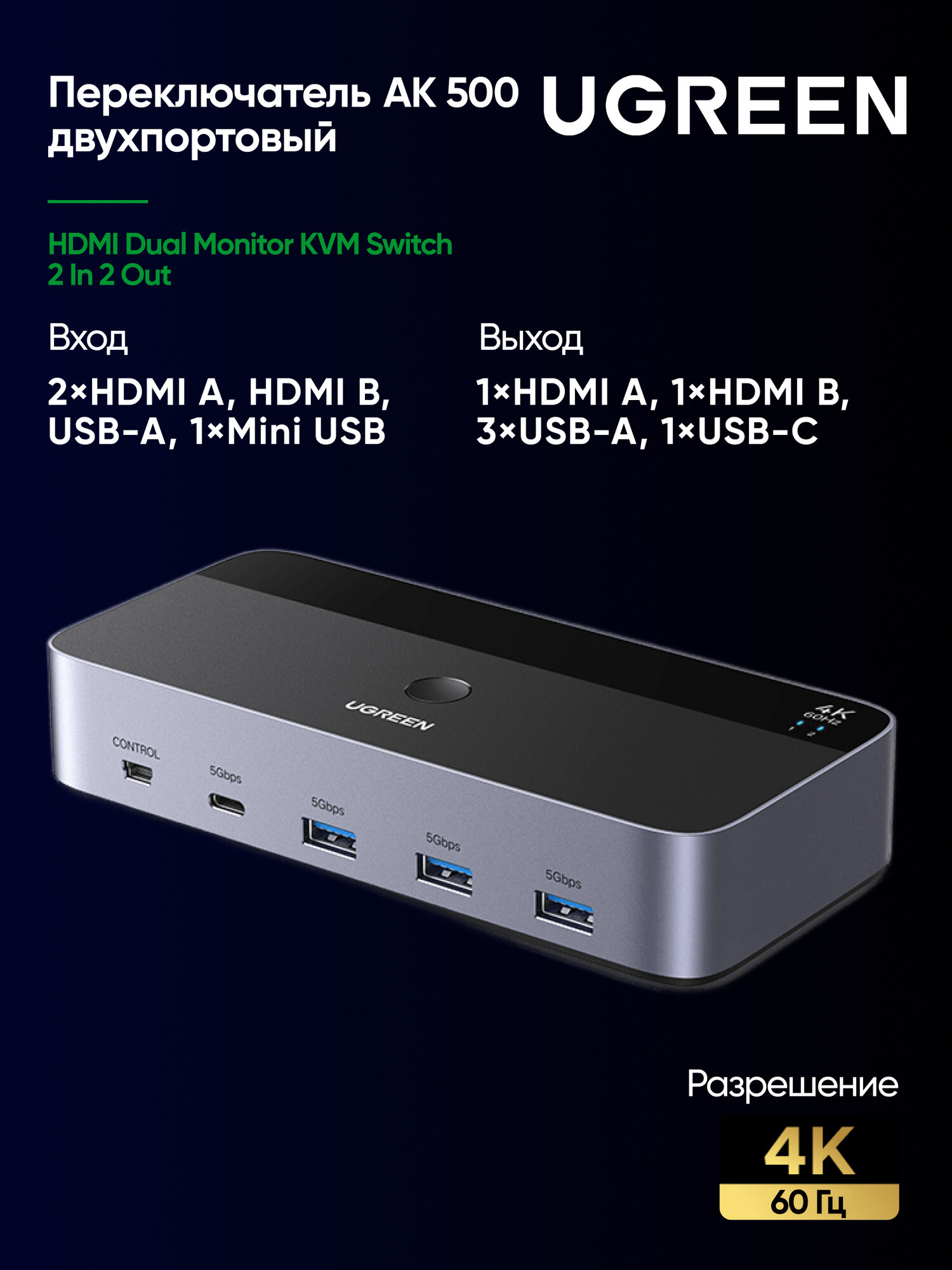 Переключатель двухпортовый UGREEN AK500 (55455) HDMI Dual Monitor KVM Switch 2 In 2 Out. Цвет: серый космос