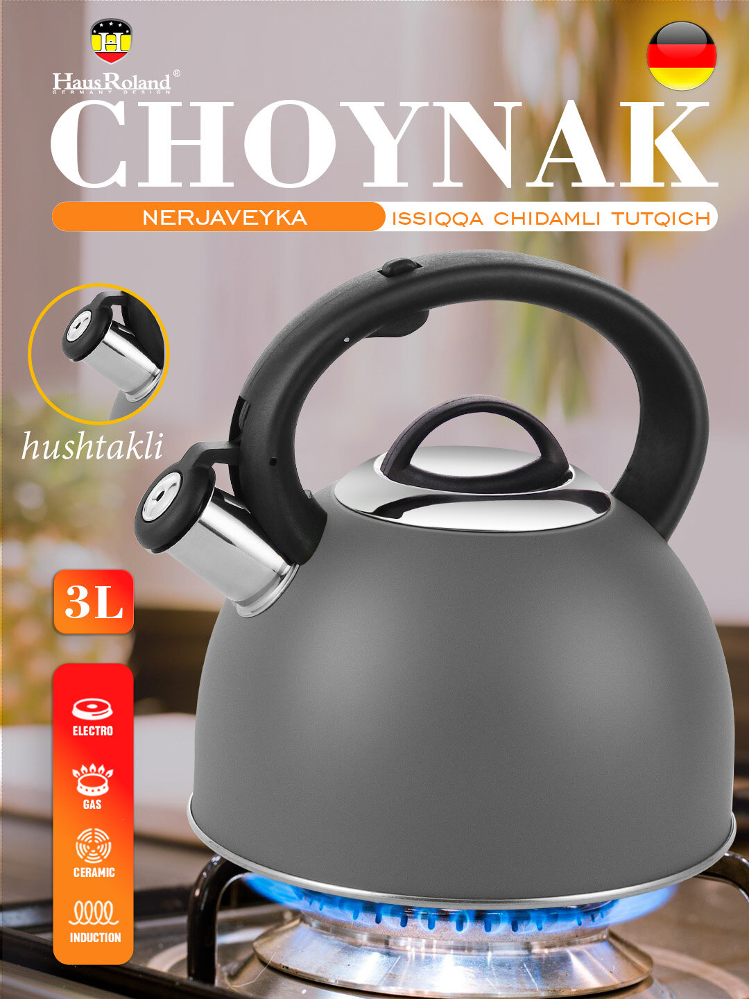 Металлический чайник HausRoland со свистком, с эргономичной ручкой, в разных цветах - Серый