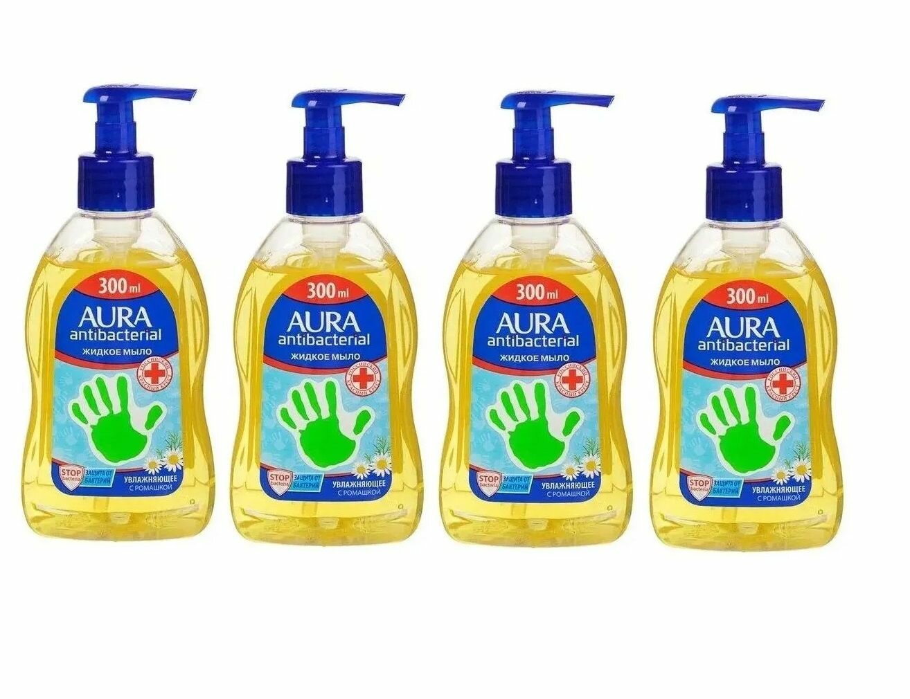 Жидкое мыло Aura для всей семьи с антибактериальным эффектом Ромашка 300 мл 4шт.