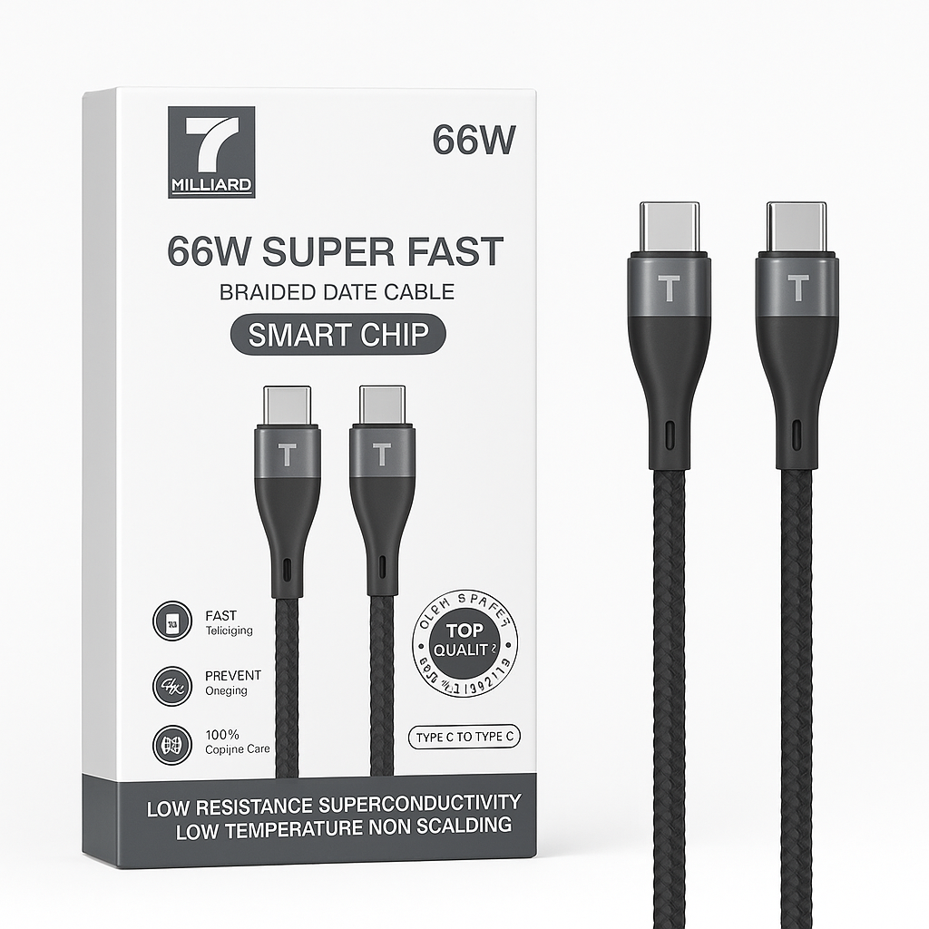 Кабель BILLIARD Type-C мощностью 66 Вт — сверхбыстрая зарядка, Smart Chip, оплетённый, 1 метр