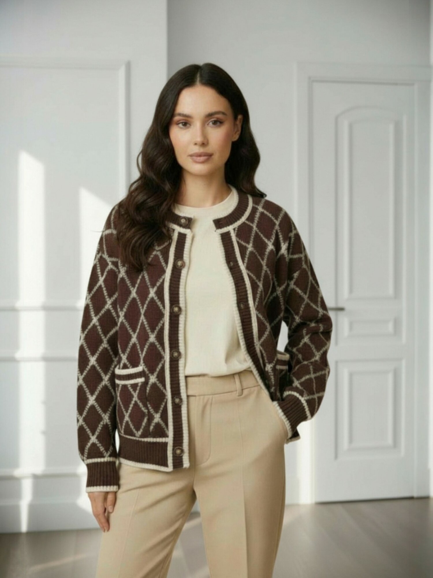 Кардиган  Вязаный кардиган на пуговицах с ромбовидным узором