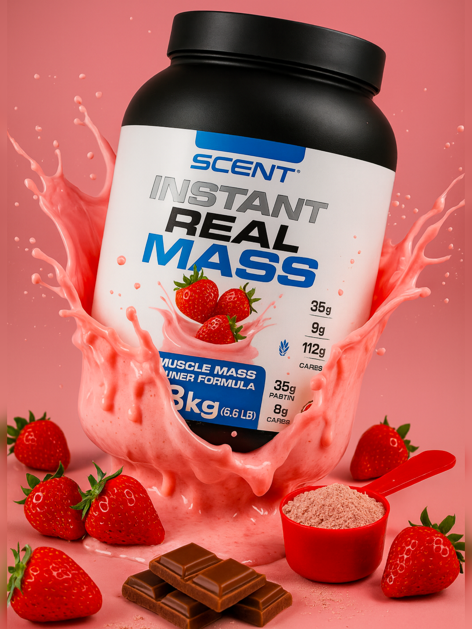 Гейнер, REAL MASS INSTANT, Scenit Nutrition,50г протеина, 5000 ккал, Клубника,3 кг