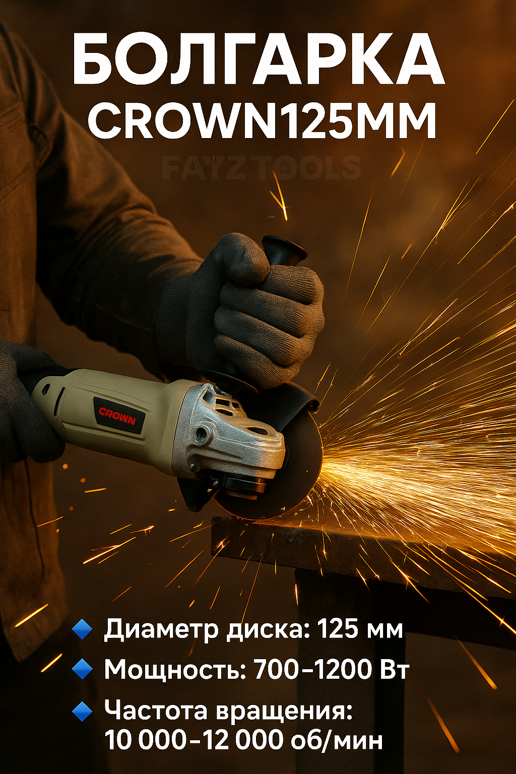 Болгарка угловая, шлифовальная машина, профессиональная, CROWN125 мм