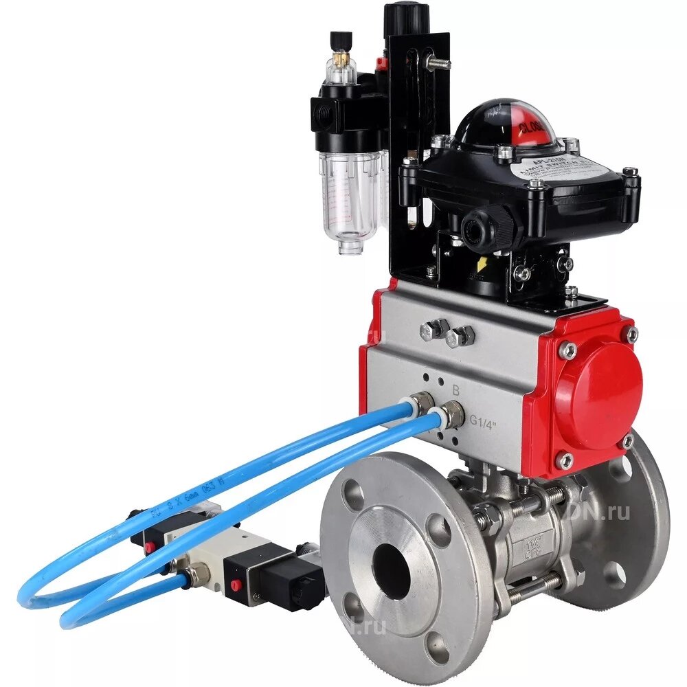 Кран шаровой DN.ru кшфпт.316.180 Ду65 Ру25, трехсоставной полнопроходной фланцевый, нержавеющая сталь SS316, PTFE, с пневмоприводом DA-105, с пневмораспределителем PND2-S1EM-52-1NC-J08-220VAC, с БКВ LSB-410-02ExM12-250, с БПВ APU1-10-40-V08
