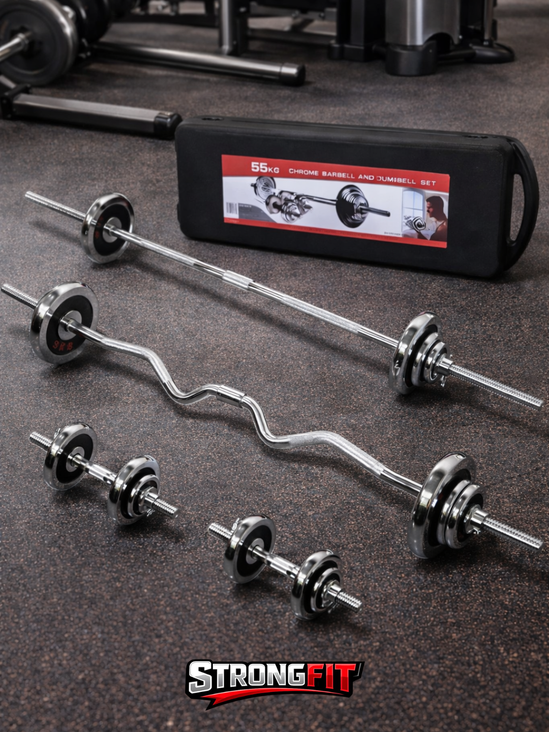 Набор гантелей с ZIG-ZAG (EZ) штангой 55 кг в кейсе для дома — фото 1