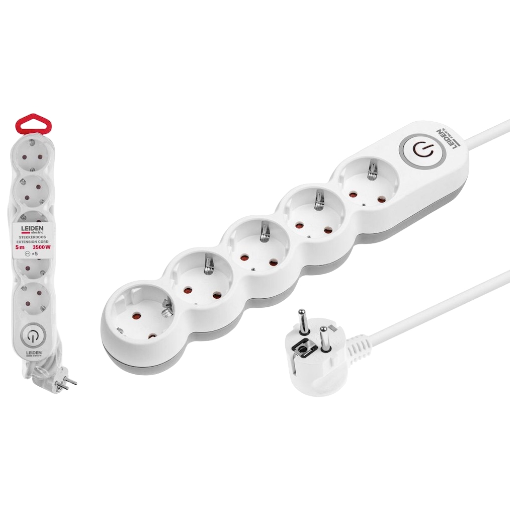 Удлинитель электрический сетевой 5 метров 5 розеток 3,5 кВт с заземлением и выключателем LEIDEN ELECTRIC (805040)