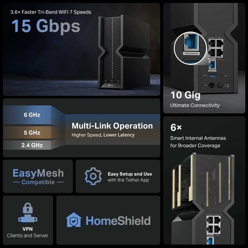 Wi-Fi-7 Роутер TP-Link Archer BE700 мультигигабитный BE15000, 5xRJ45 1-2.5-10Гбит/с, USB, трехдиапазонный, Mesh — фото 1