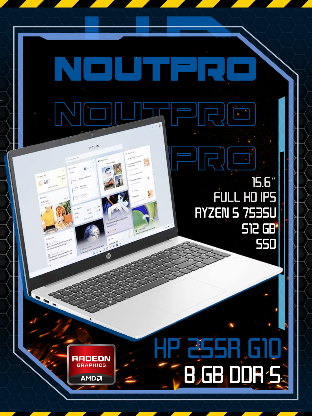 Ноутбук HP 255R G10, AMD Ryzen 5 7535U, RAM 8 GB DDR5/SSD 512 GB, 15.6″ Full HD IPS