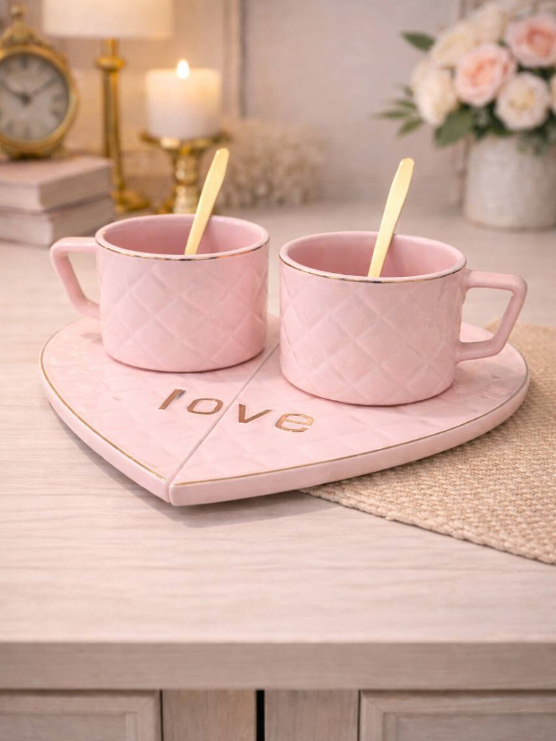 Чайная пара Giftmania "LOVE", фарфор, 2 чашки, 2 ложки, сервировочное блюдо, в подарочной упаковке