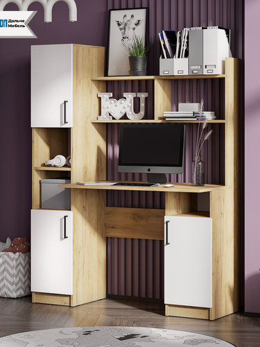 Изображение товара Стол компьютерный СТК-13, 120 см, письменный с полками и шкафчиками, цвет дуб золотой/белый