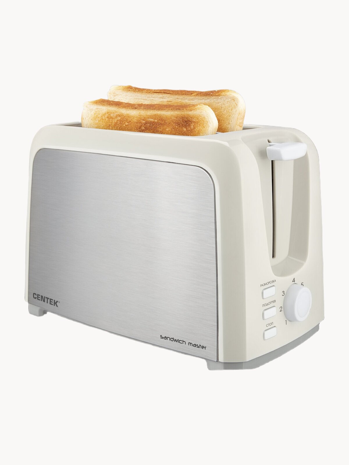 Тостер для хлеба CENTEK СТ-1429 Beige: 750 Вт/ 7 уровней прожарки/ 2 тоста/ поддон/ стоп/ подогрев/ разморозка