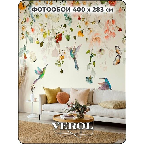 фото Фотообои флизелиновые с виниловым покрытием verol "цветы и колибри", 400х283 см, моющиеся обои на стену, декор для дома