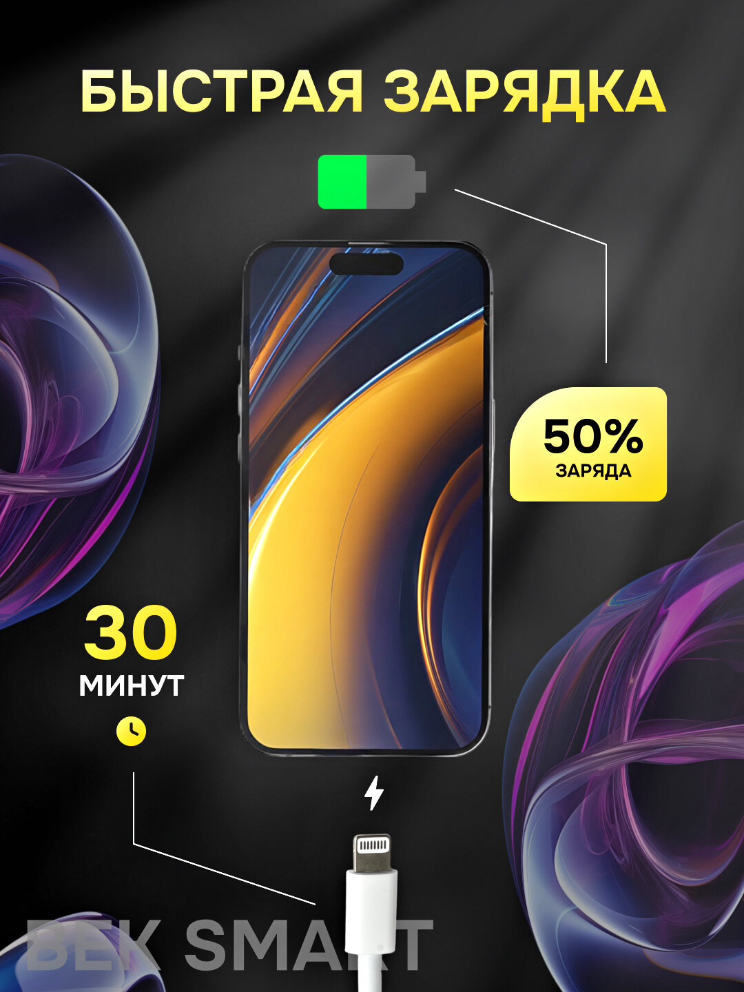 Зарядное устройство для iPhone, блок, кабель Type-C/Lightning, с быстрой зарядкой 20 Вт — фото 1