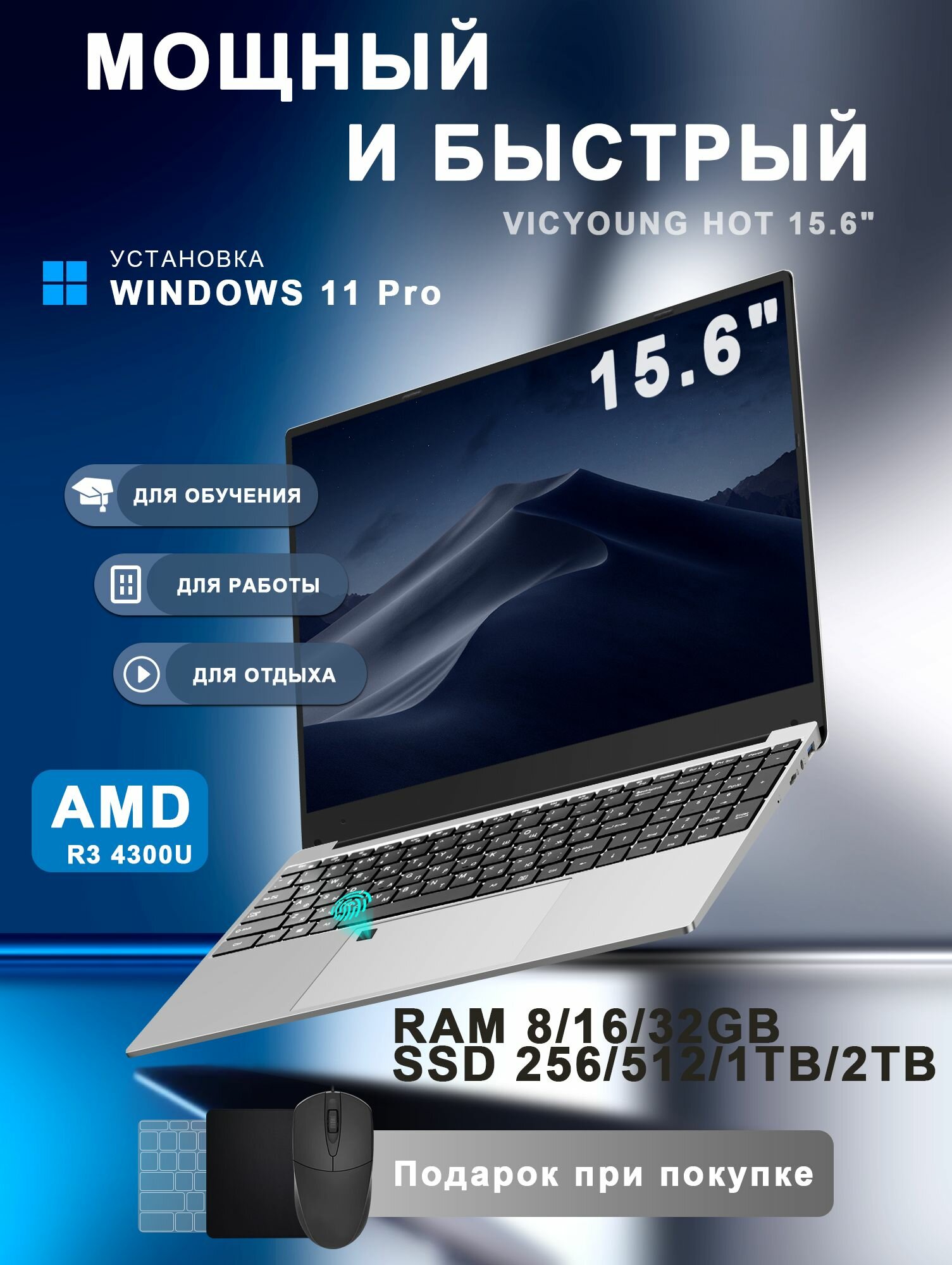 Ноутбук 15.6", AMD Ryzen 3 4300U, RAM 32 ГБ, SSD 1024 ГБ, AMD Radeon Graphics, Windows Pro