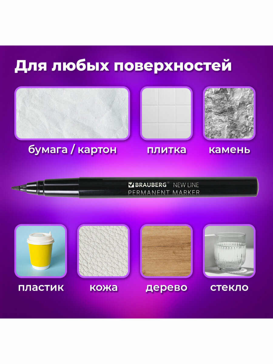 Маркеры перманентные (нестираемые) для рисования и письма черные Brauberg New Line, Выгодный Комплект 12 штук, 2мм, 880746 — фото 1