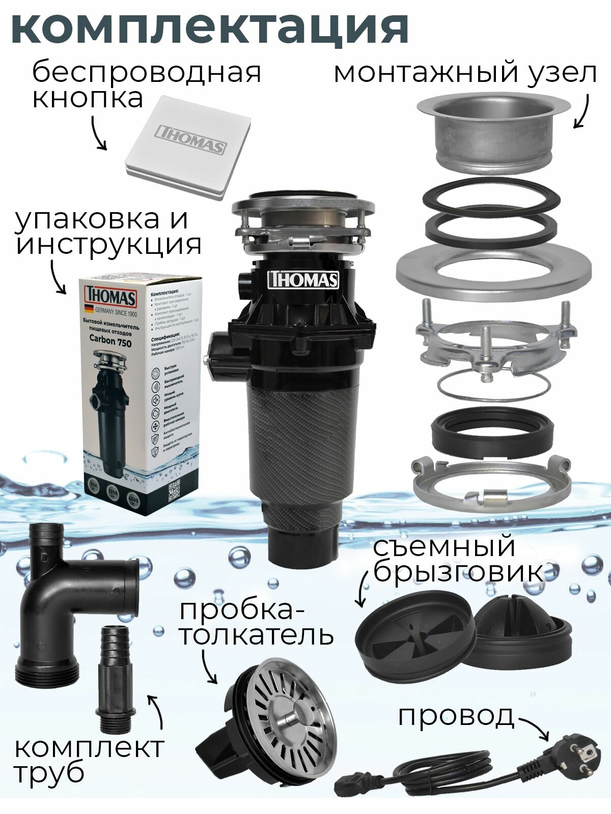 Картинки Измельчитель пищевых отходов Thomas Carbon 750 с беспроводным выключателем для кухни