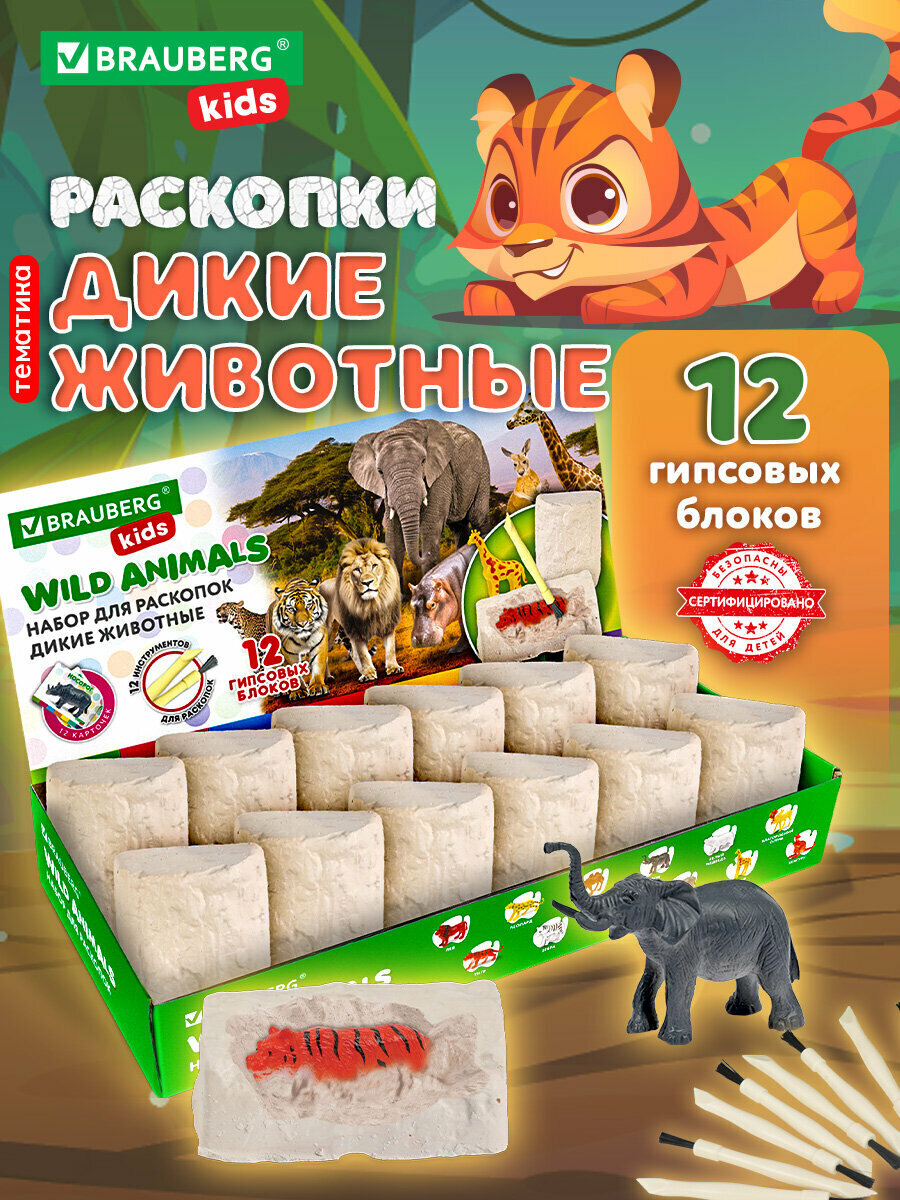 Раскопки для детей Дикие животные подарочный набор археологический игрушки для мальчиков и девочек 2 видов карточки инструменты Brauberg Kids 665128