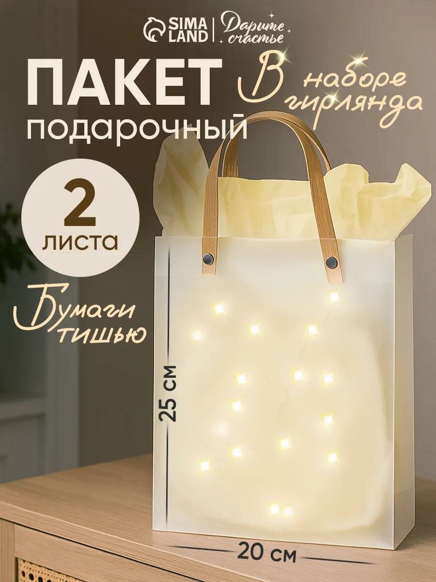 Подарочный пакет с бумагой тишью (2 листа) и гирляндой 20 × 8 × 25 см для упаковки подарка на Новый Год и Рождество