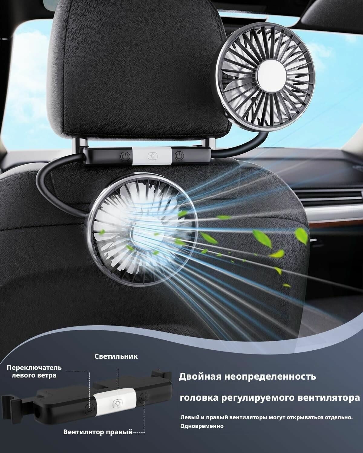 Изображение Вентилятор для заднего сидения, двойной, LED, USB, бесщеточный, 5 лопастей, 3 скорости, черный