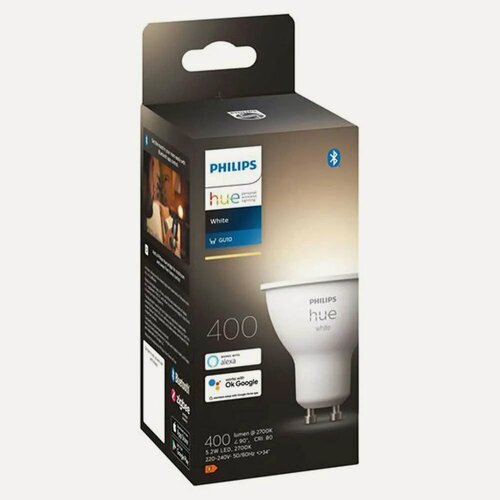 Изображение товара Philips Hue White GU10 — умная лампа (1 шт, 400 Лм, Bluetooth, Zigbee, голосовое управление)(929001953505)
