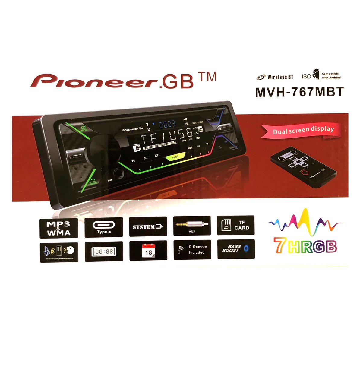 Магнитола Pioneer GB 1 din с Bluetooth   12V   7 цветов подсветки экрана   AUX   USB   Блютуз   Пионер MVH 767MBT