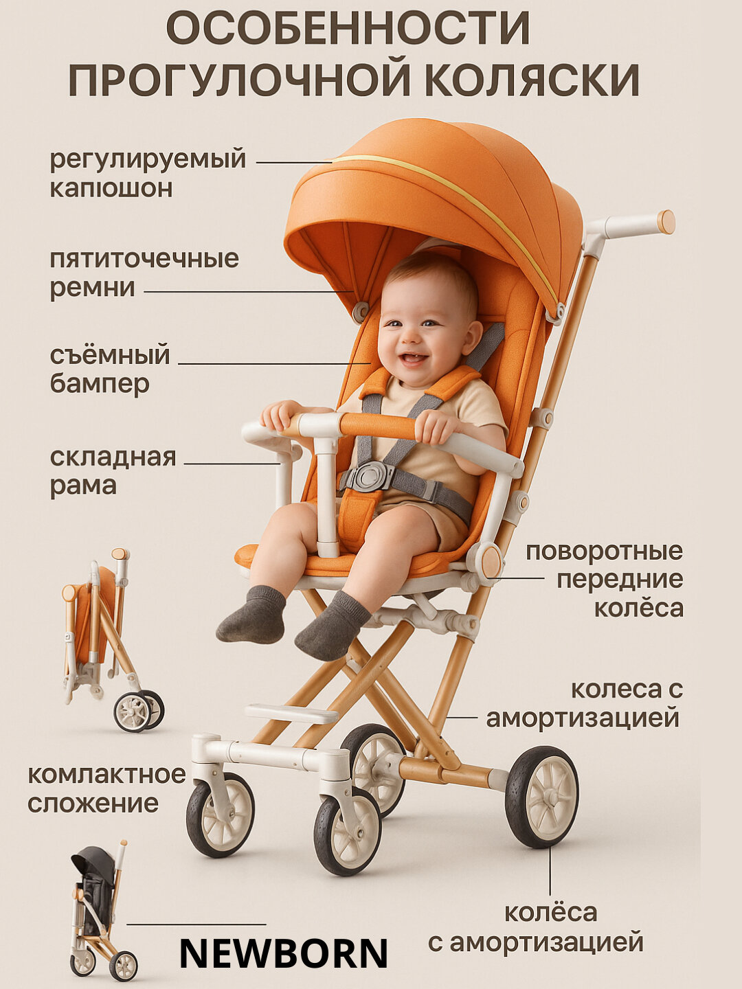 Прогулочная коляска для детей, с механизмом складывания, для путешествий