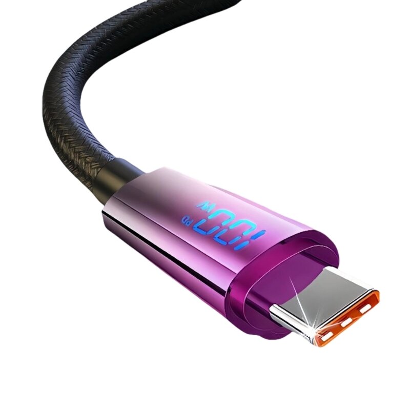 Удлиненный кабель для передачи данных с динамическим цифровым дисплеем Type c мощностью 120 Вт для сверхбыстрой зарядки-1 метр-цифровой дисплей фиолетового цвета