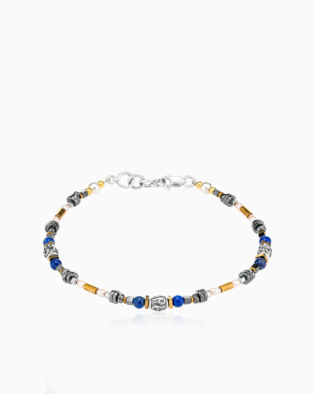 Браслет, серебро, 925 проба, гематит, пирит, лазурит, жемчуг