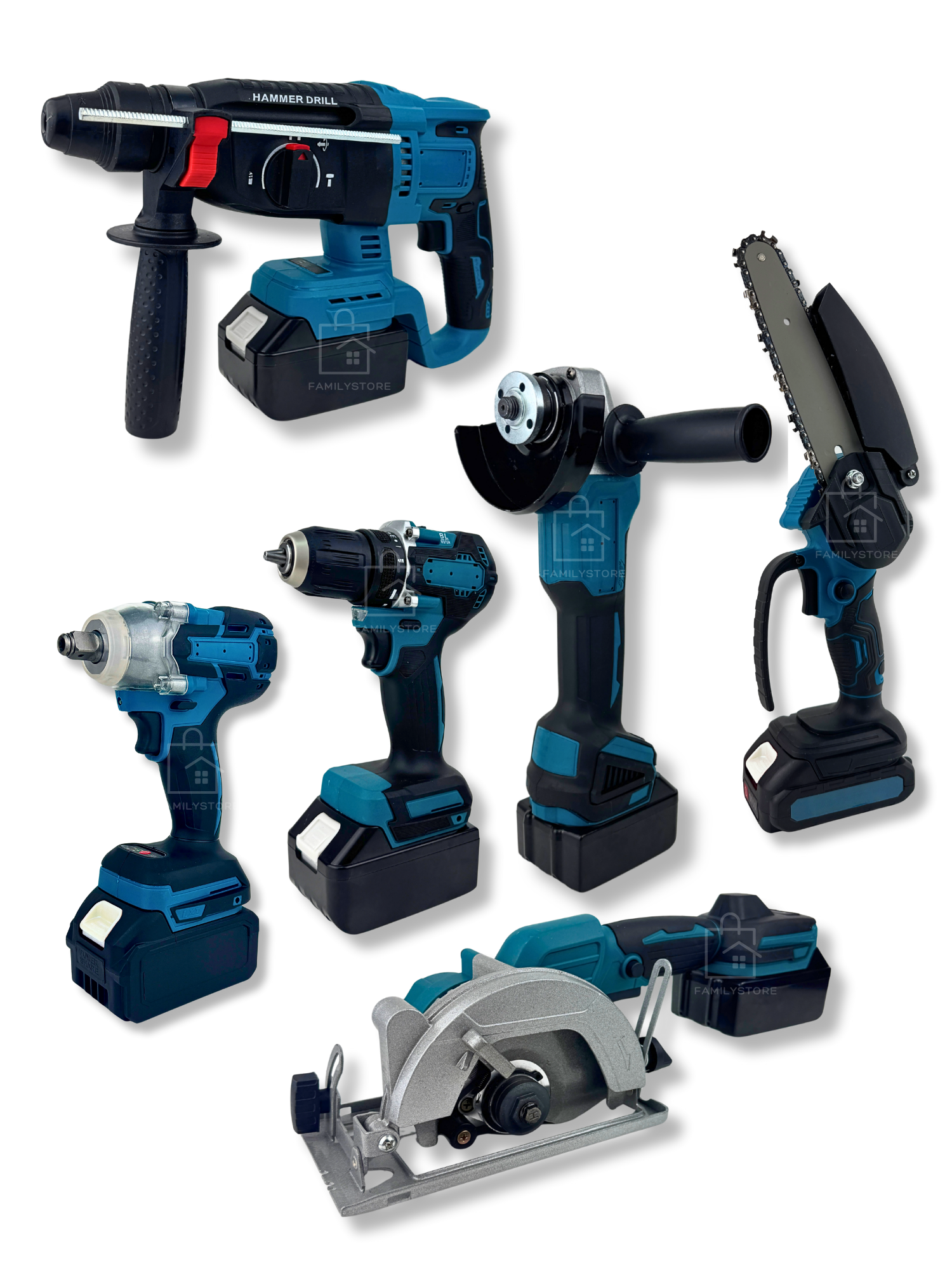 Набор аккумуляторных инструментов 6 в1 Перфoратор УШМ Шуpуповёpт Гайковерт Мини циркулярка Мини цепная пила