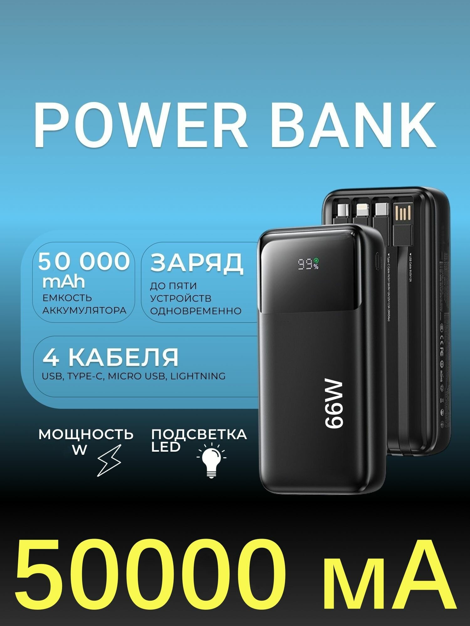 Повербанк 50000mah , powerbank , пауэрбанк , power bank , павербанк с быстрой зарядкой,50000, черный