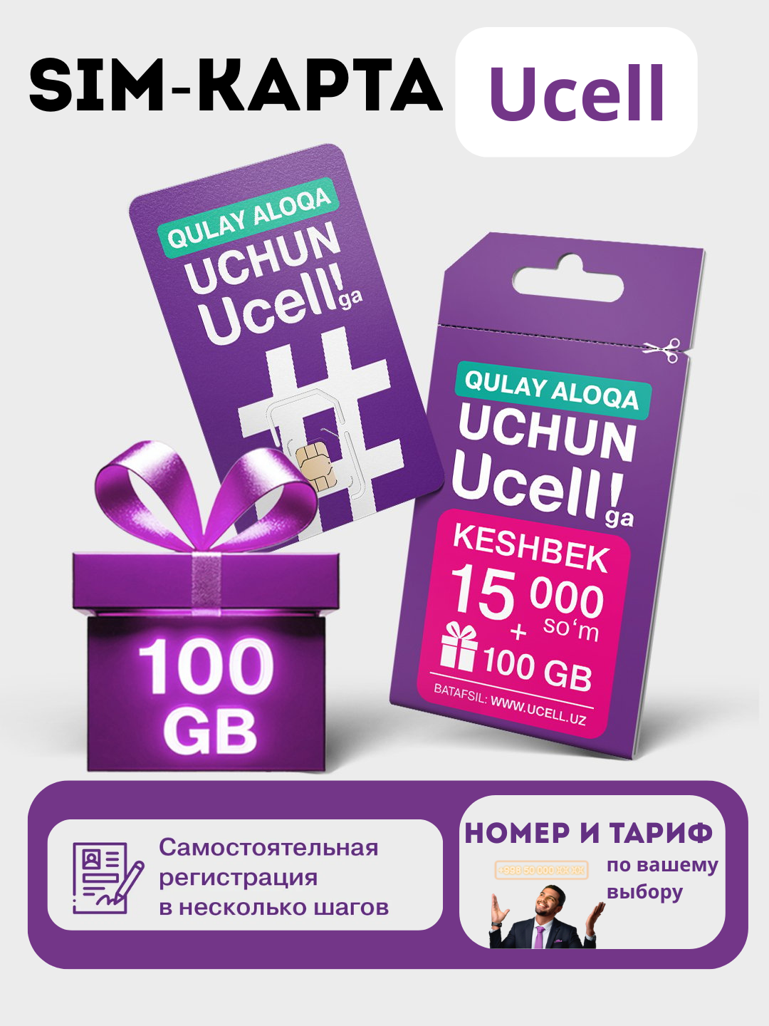 Комплект для подключения Ucell, SIM-карта, скрепка, инструкция, кешбэк