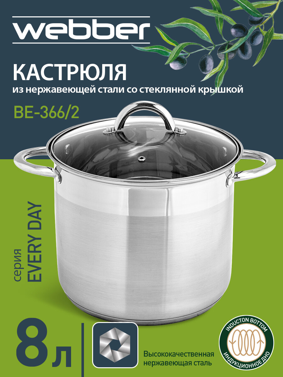 Кастрюля 8 литров 22×20 см из нержавеющей стали со стеклянной крышкой WEBBER BE-366/2