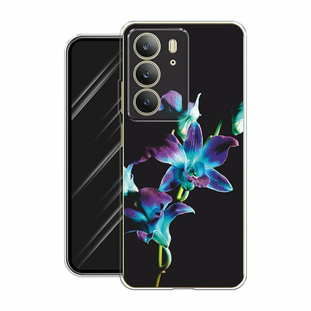 Чехол на Realme C75 4G / Реалми C75 4G с принтом "Синий цветок на черном" — фото 1