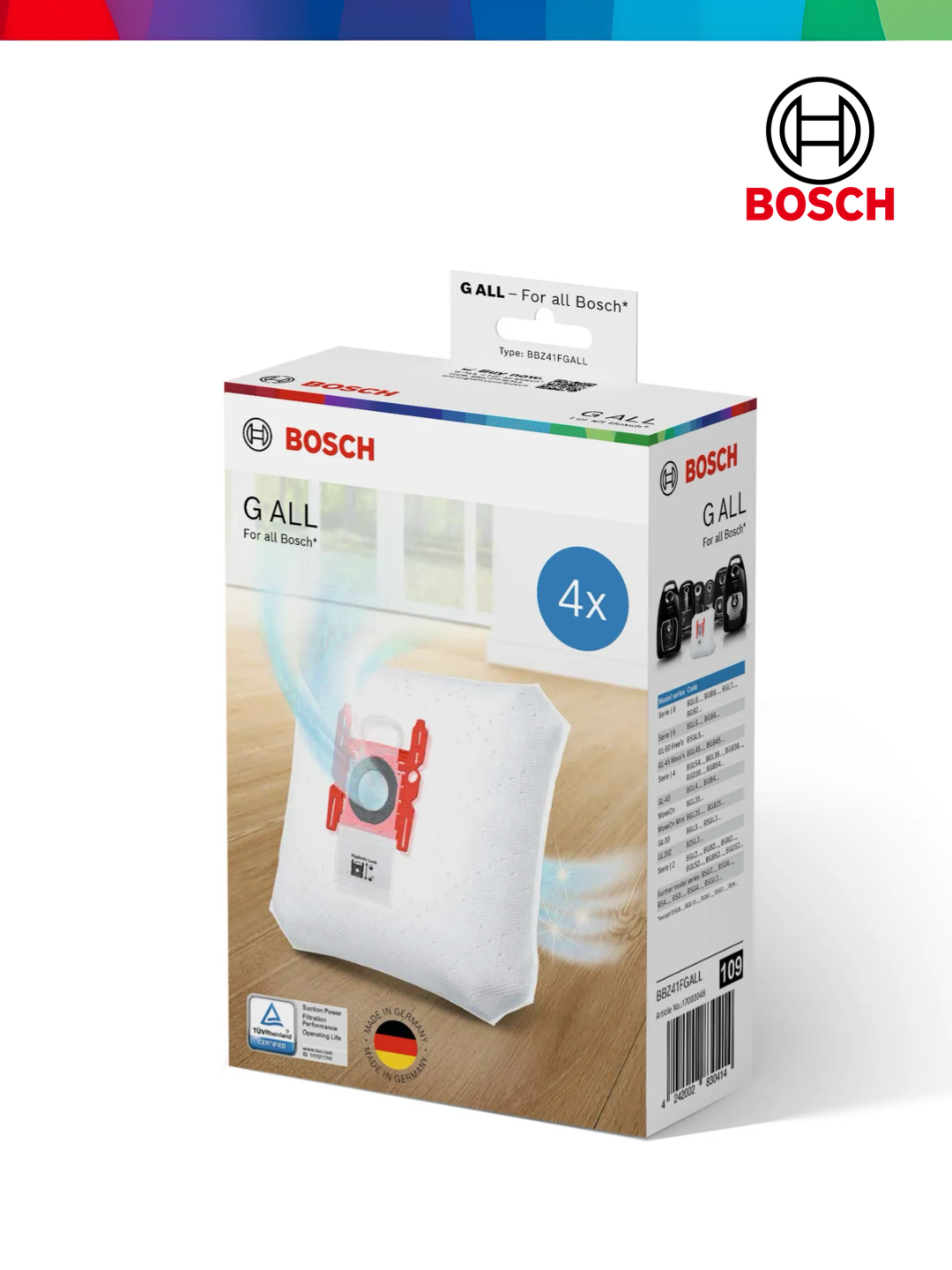 Пылесборник BOSCH BBZ41FGALL PowerProtect, для серии пылесосов GL/2/4/6/8, сменный, 4л, 4шт