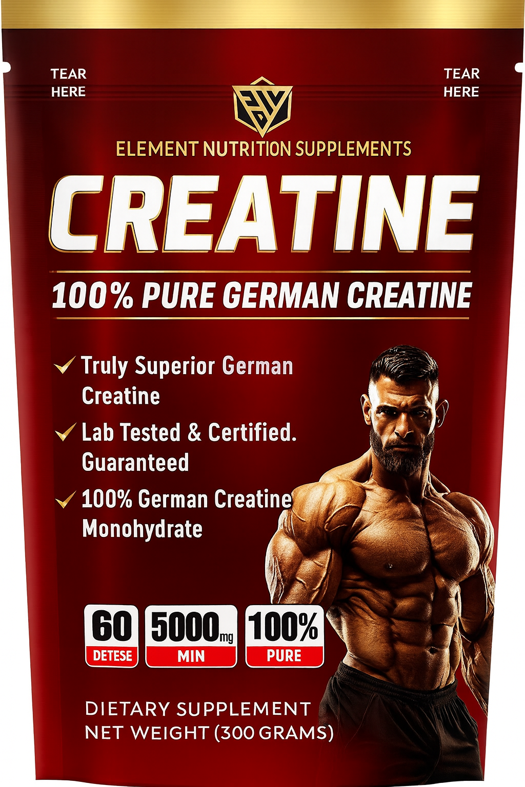 Креатин Monohydrate Element Nutrition — 300 г, 100% Pure German Creatine, для набора мышечной массы и силы