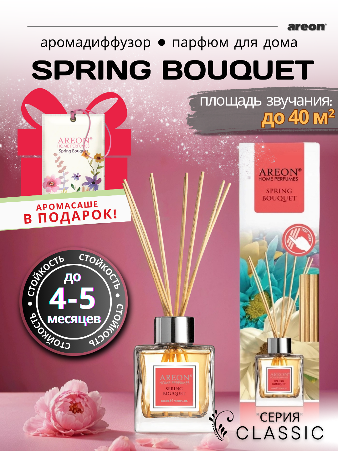 Ароматический диффузор Areon Classic, аромат Spring Bouquet, для дома, с палочками, 100 мл + аромасаше в подарок