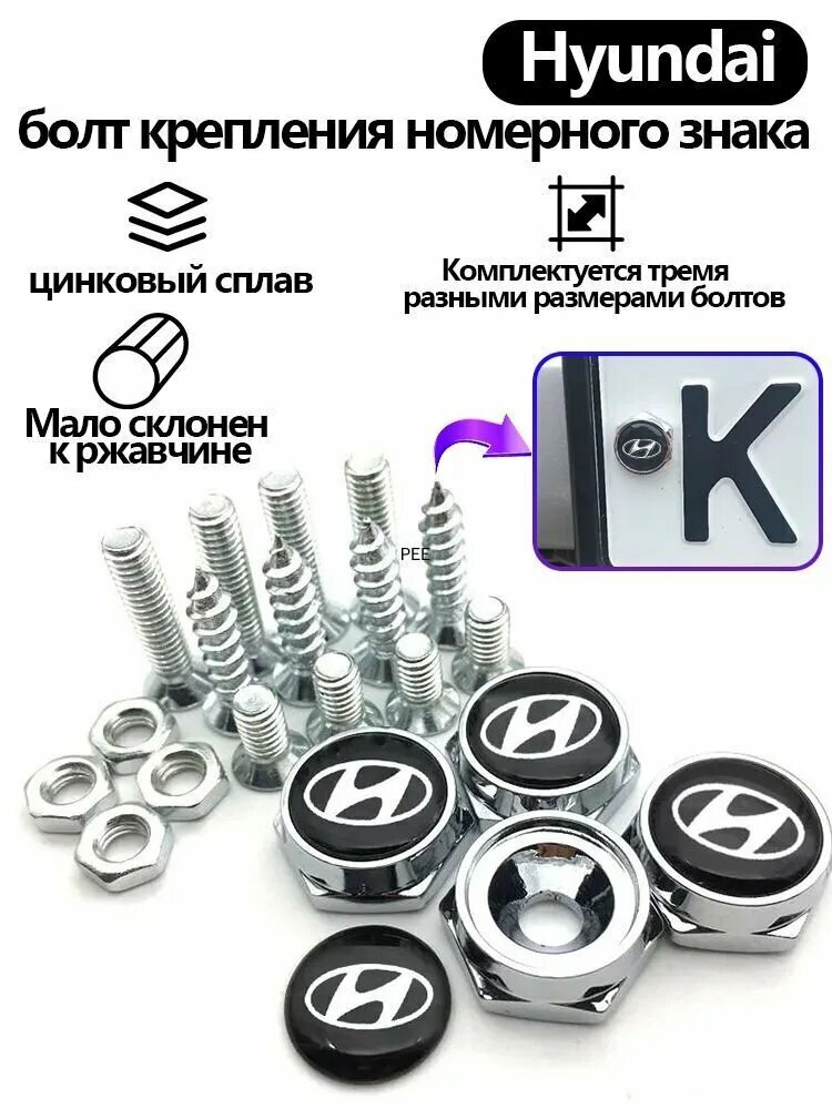 Комплект болтов крепления номерного знака с логотипом Hyundai. 4 шт.