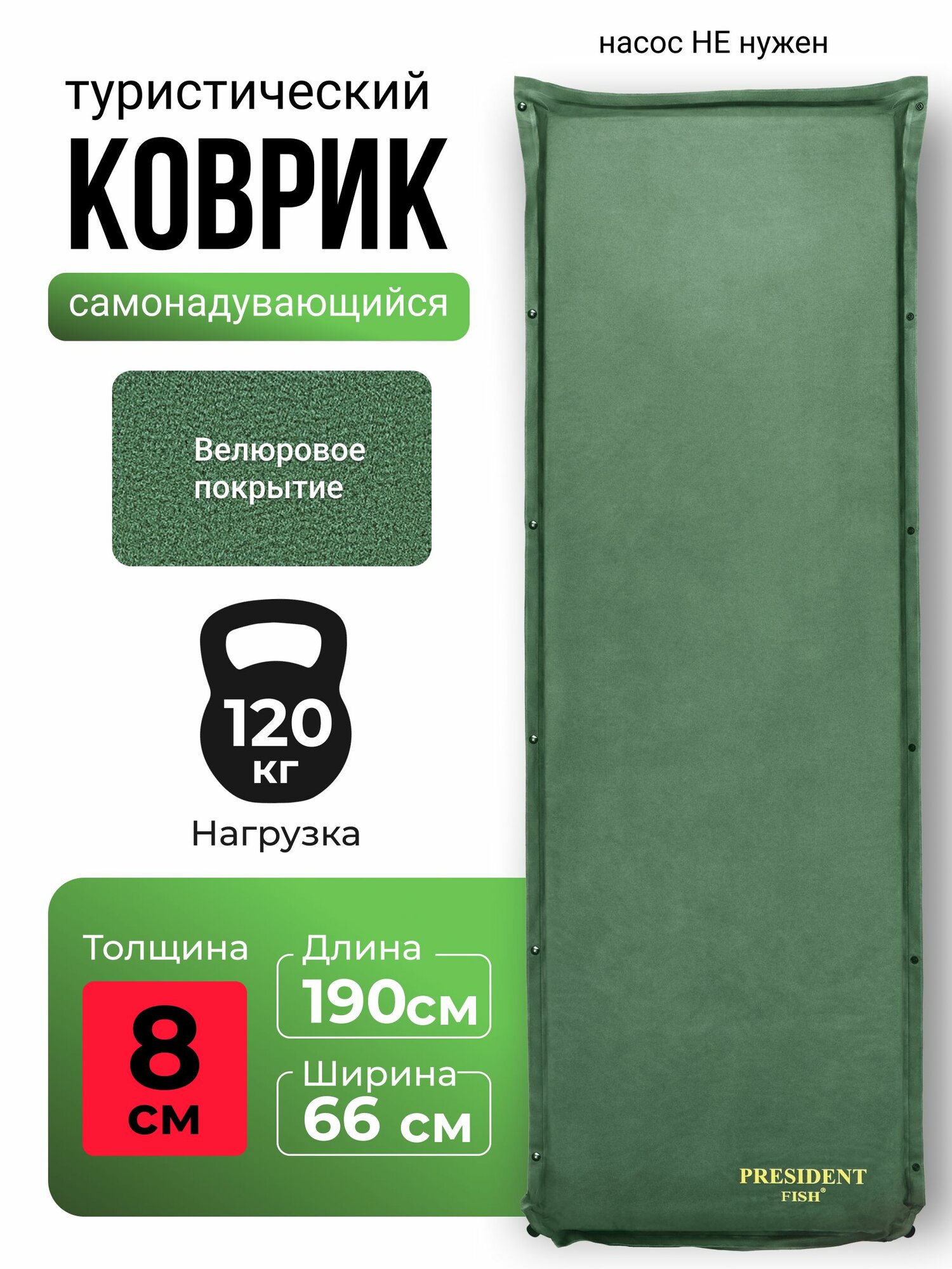Коврик самонадувающийся туристический PRESIDENT FISH 8818002 PF-08FWP зеленый