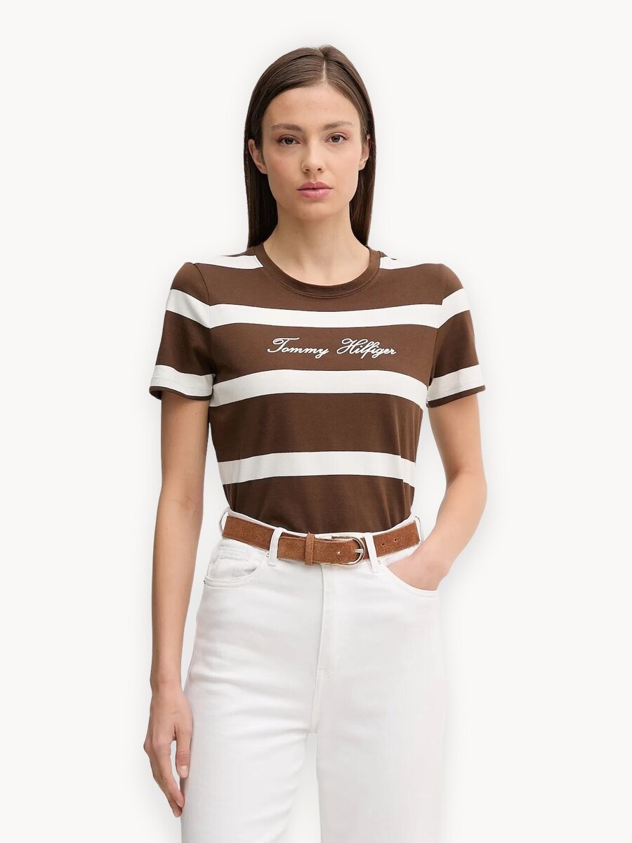 Футболка TOMMY HILFIGER, размер XS, коричневый/молочный