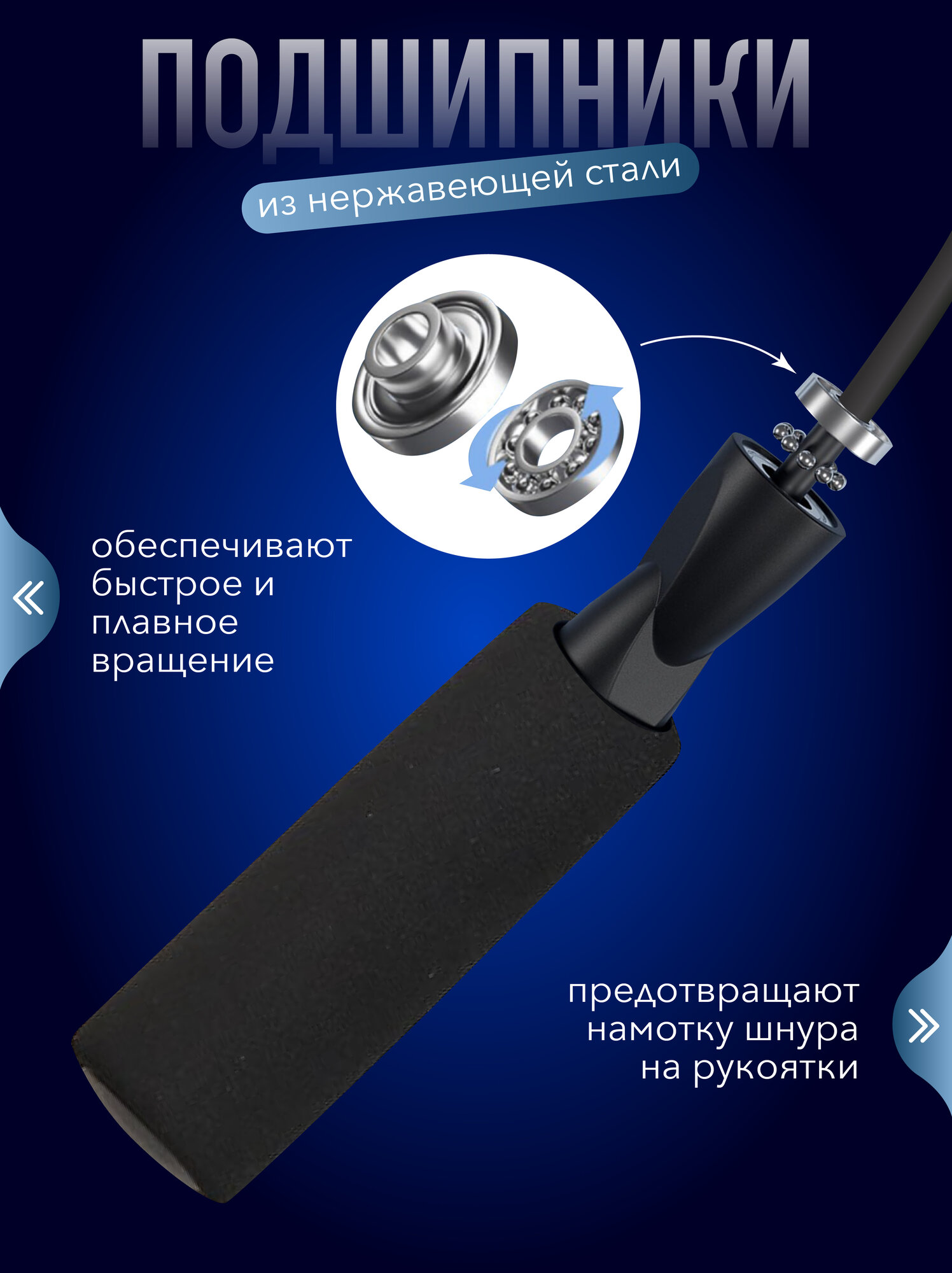 Скакалка спортивная для фитнеса — скоростная, гимнастическая, с подшипниками и противоскользящими ручками, черная — фото 1