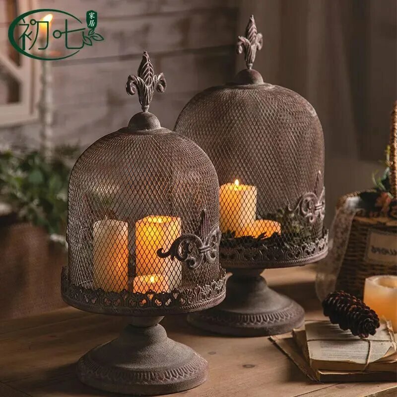 Европейский винтажный кованый подсвечник в виде клетки для птиц американский состаренный канделябр деревенский декоративный светильник для гостиной в стиле лофт.