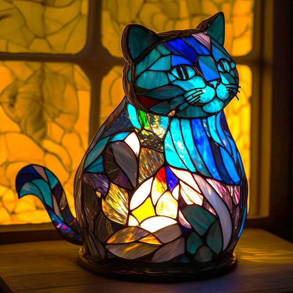 Витражная настольная лампа, из эпоксидной смолы Cat-15см, USB-разъем, диммируемость