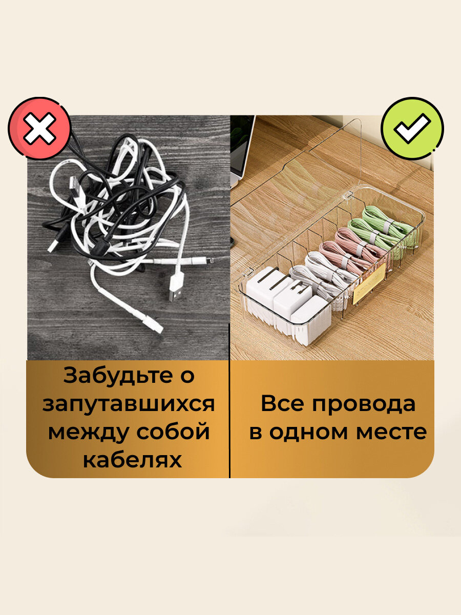 Органайзер для проводов и зарядок, мелочей, коробка для хранения, контейнер с крышкой, для порядка в доме — фото 1
