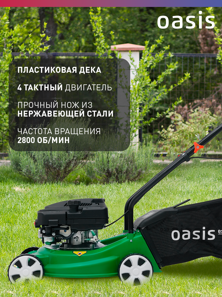 Изображение Газонокосилка бензиновая несамоходная для травы Oasis GBE-2,2 Eco, 2600 Вт, 3,5 л. с, 2800 об/мин