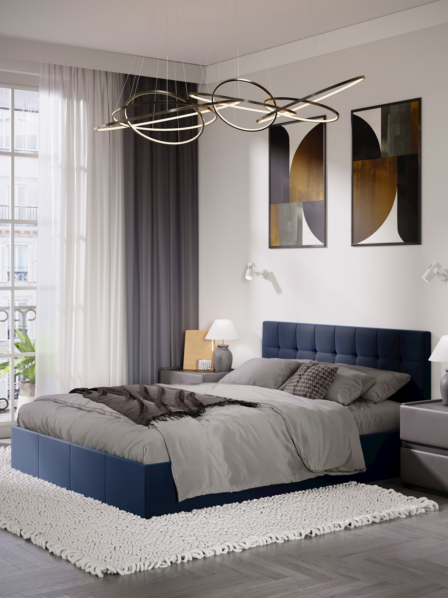 Кровать двуспальная 160х200 см, с ПМ Эмма, Велюр Confetti Blue — фото 1