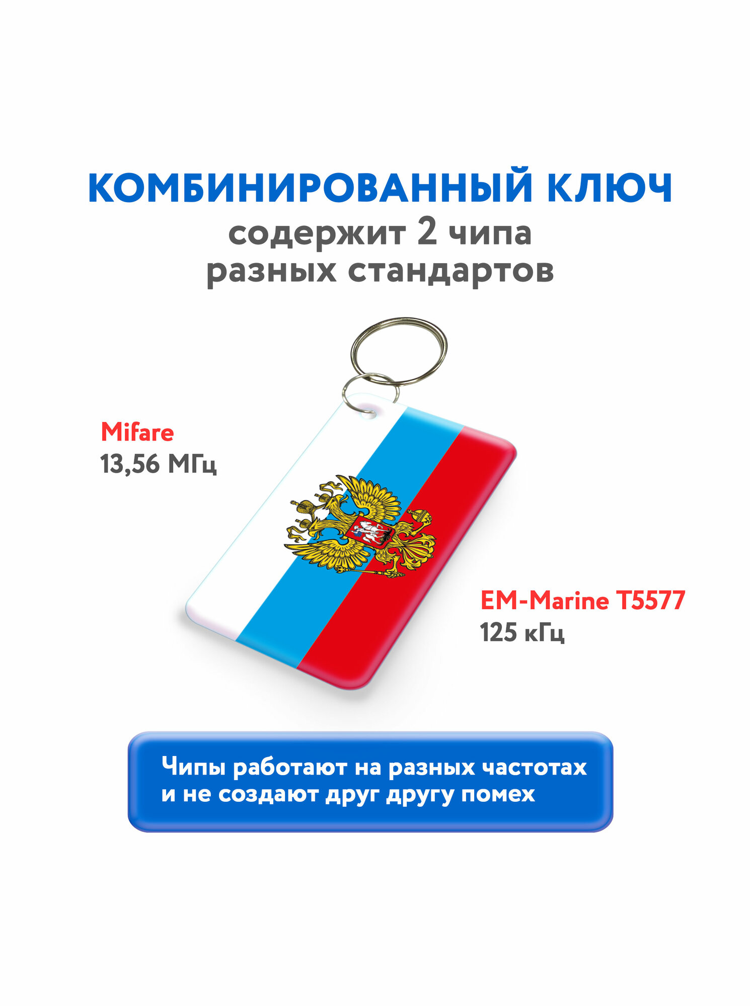 Ключ для домофона с двумя чипами, Em-Marine и Mifare. KeyBox, флаг России с гербом, 1 шт. — фото 1