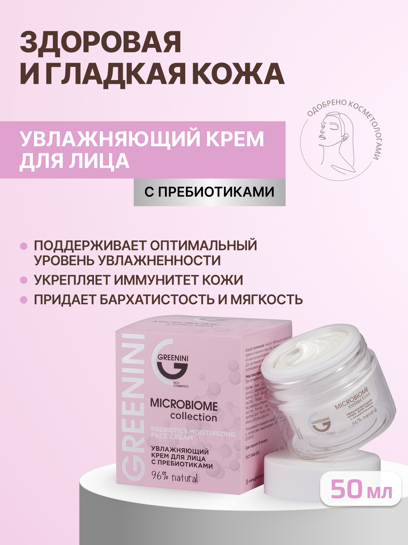 Greenini Увлажняющий крем для лица с пребиотиками Microbiome Collection 50 мл